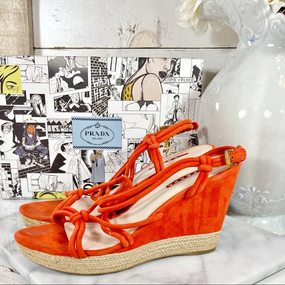 Prada Orange Suede Strappy Wedge Sandals
